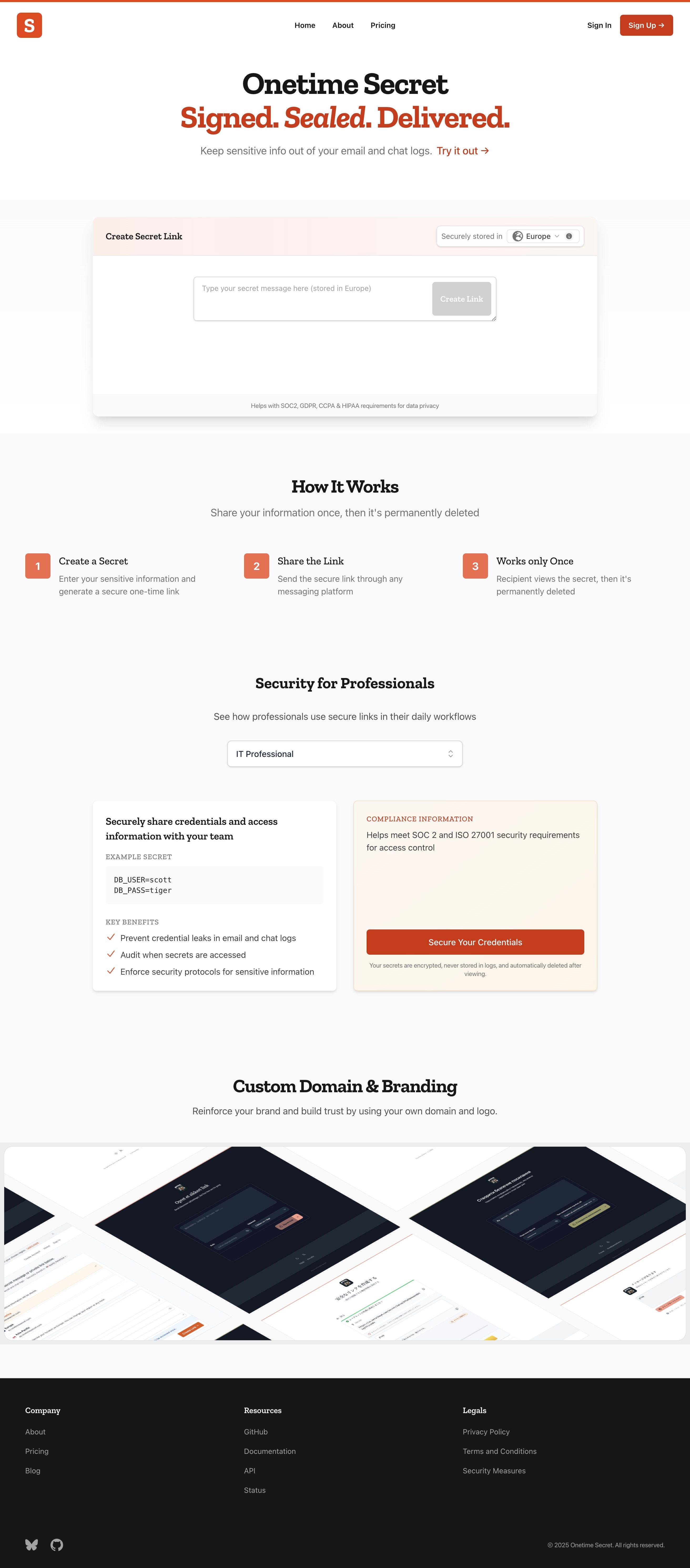 New Onetime Secret marketing homepage