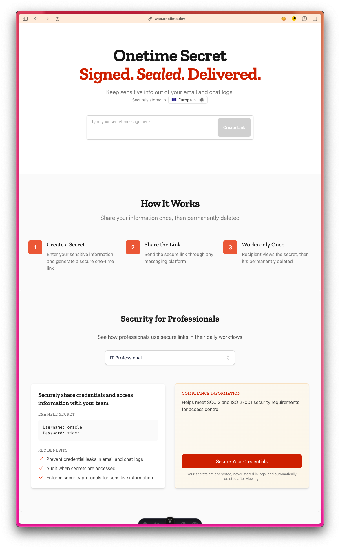 A mockup of the upcoming homepage for onetimesecret.com